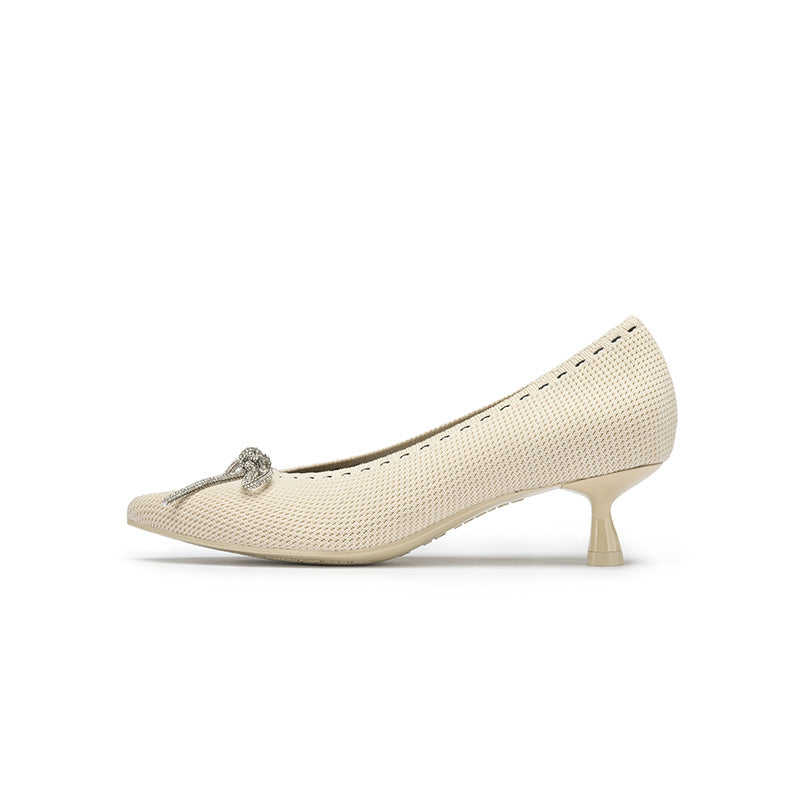 Rhinestone Bow Kitten Heels – Pointed Toe Knit Pumps