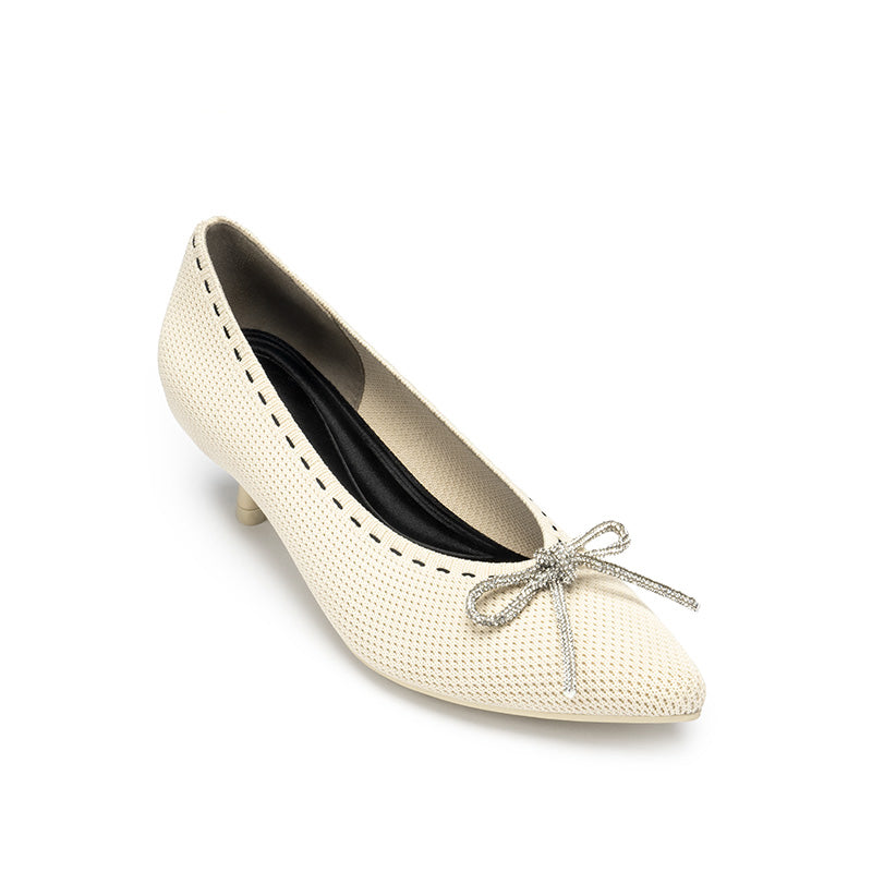 Rhinestone Bow Kitten Heels – Pointed Toe Knit Pumps