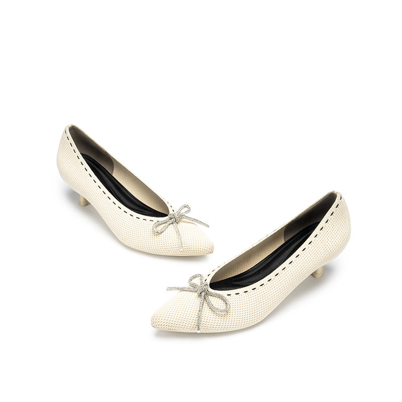Rhinestone Bow Kitten Heels – Pointed Toe Knit Pumps
