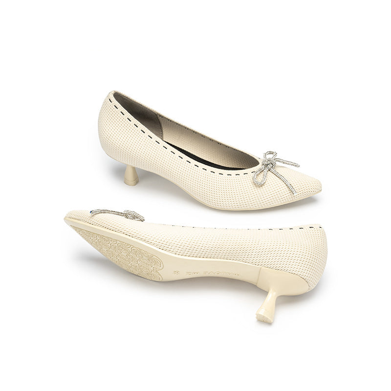 Rhinestone Bow Kitten Heels – Pointed Toe Knit Pumps