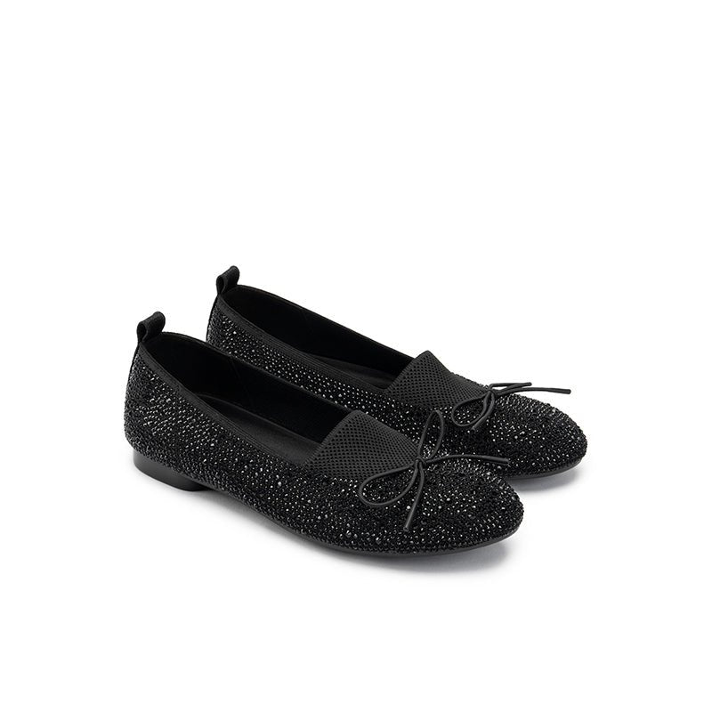 Rhinestone Bow Knit Round Toe Ballet Flats – Sparkling Princess Slip-Ons