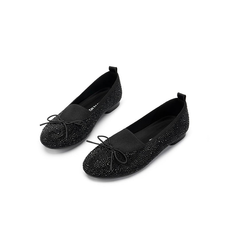 Rhinestone Bow Knit Round Toe Ballet Flats – Sparkling Princess Slip-Ons