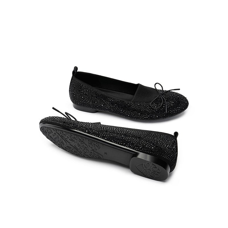 Rhinestone Bow Knit Round Toe Ballet Flats – Sparkling Princess Slip-Ons