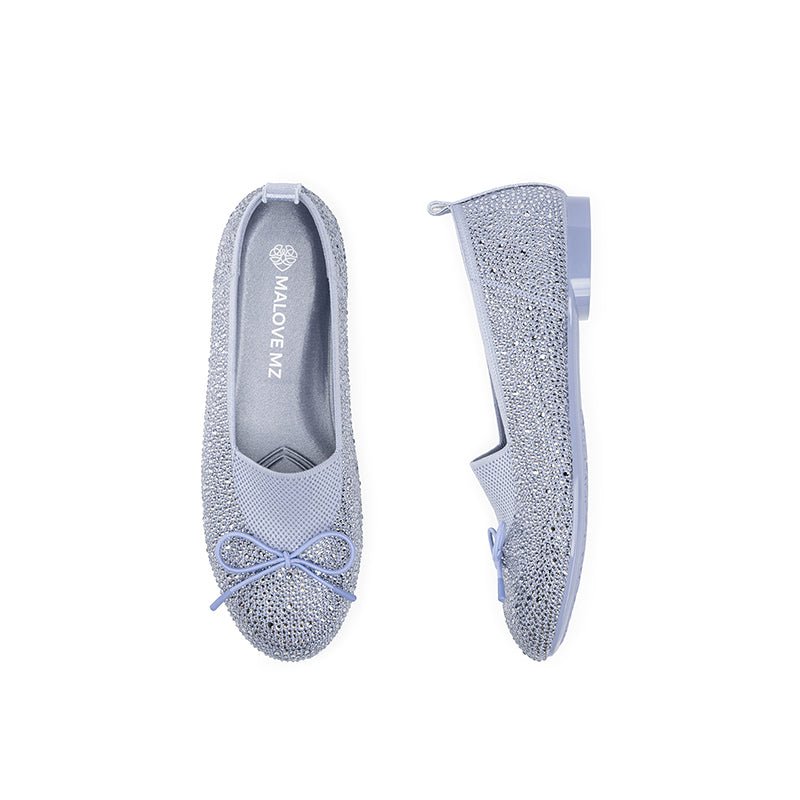 Rhinestone Bow Knit Round Toe Ballet Flats – Sparkling Princess Slip-Ons