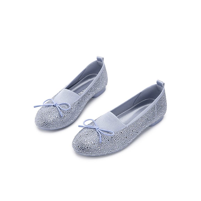 Rhinestone Bow Knit Round Toe Ballet Flats – Sparkling Princess Slip-Ons