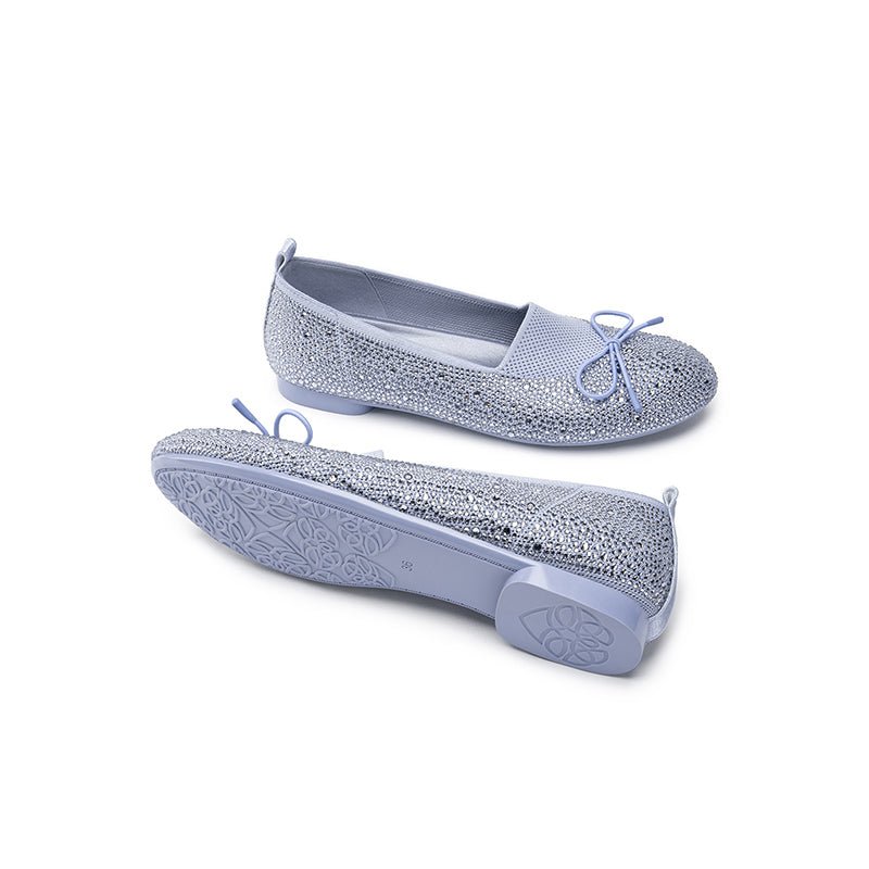 Rhinestone Bow Knit Round Toe Ballet Flats – Sparkling Princess Slip-Ons