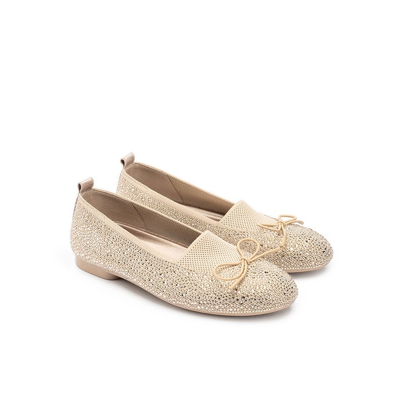 Rhinestone Bow Knit Round Toe Ballet Flats – Sparkling Princess Slip-Ons