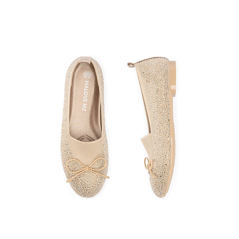 Rhinestone Bow Knit Round Toe Ballet Flats – Sparkling Princess Slip-Ons