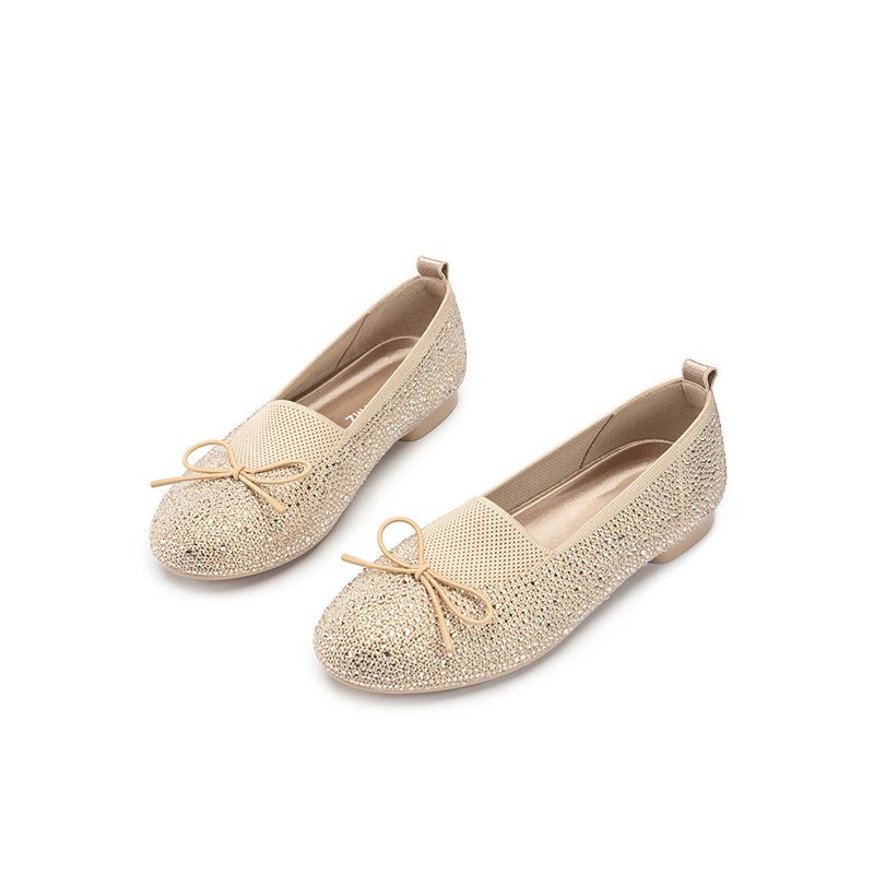 Rhinestone Bow Knit Round Toe Ballet Flats – Sparkling Princess Slip-Ons