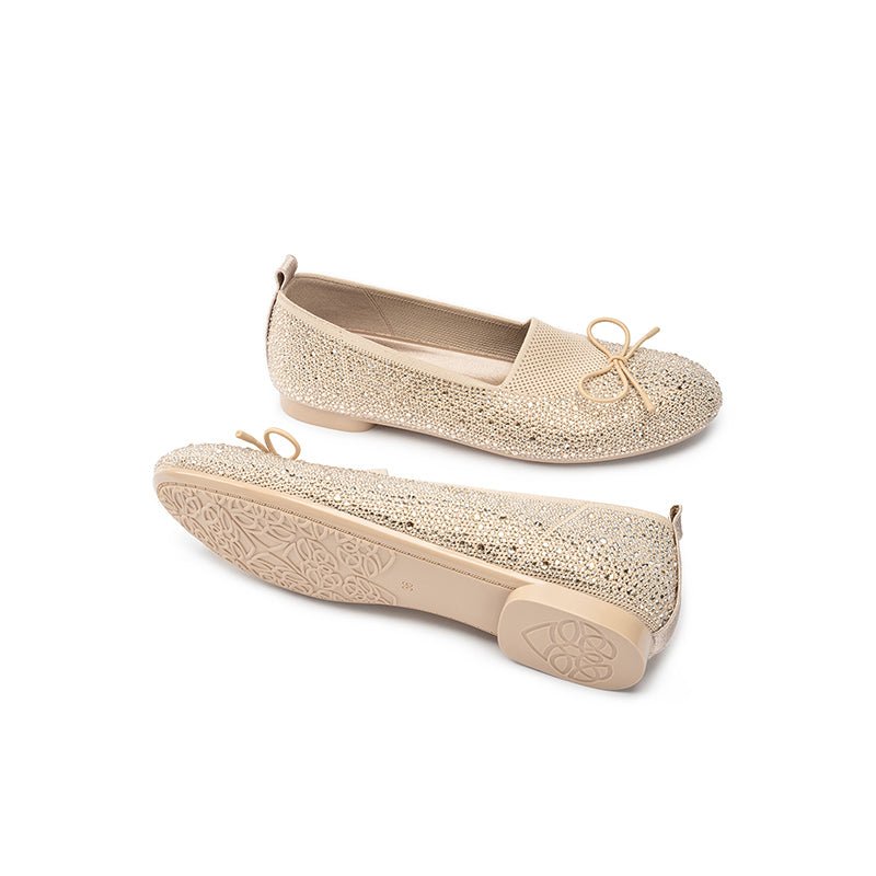 Rhinestone Bow Knit Round Toe Ballet Flats – Sparkling Princess Slip-Ons