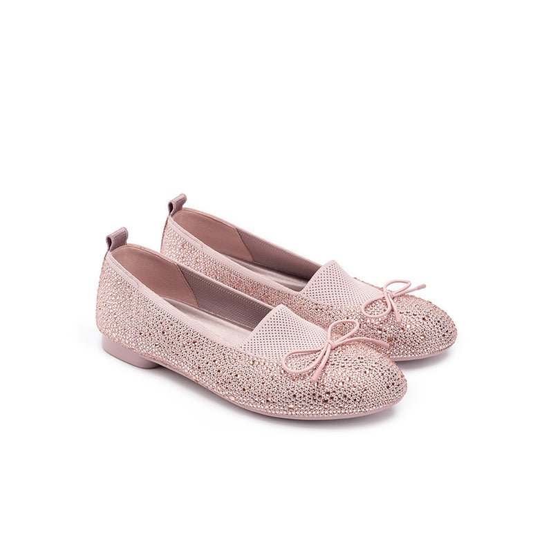 Rhinestone Bow Knit Round Toe Ballet Flats – Sparkling Princess Slip-Ons