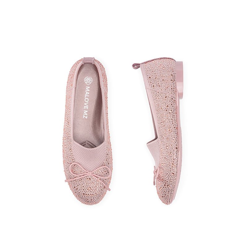 Rhinestone Bow Knit Round Toe Ballet Flats – Sparkling Princess Slip-Ons