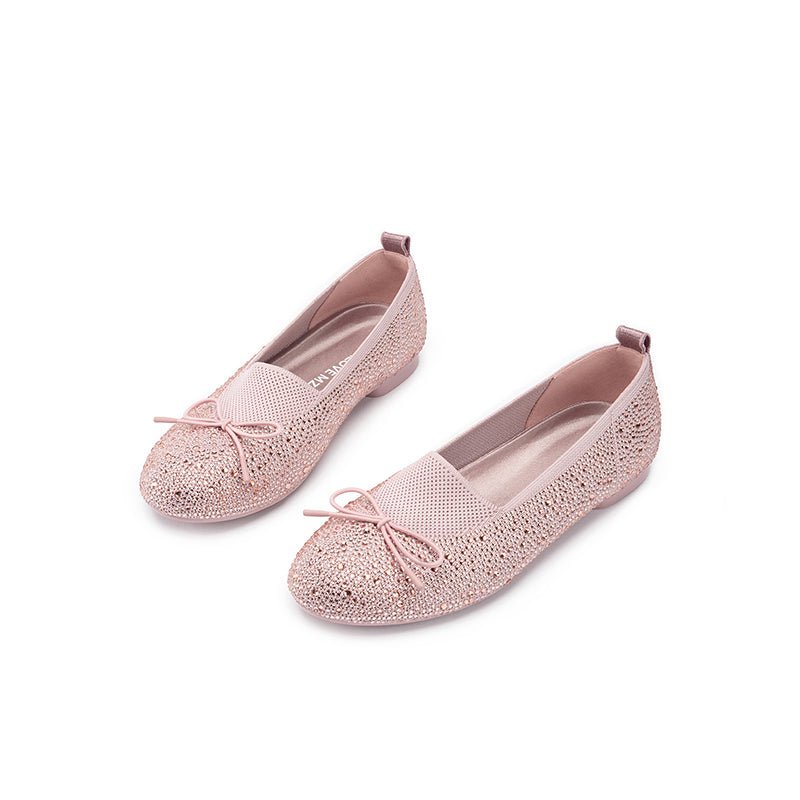 Rhinestone Bow Knit Round Toe Ballet Flats – Sparkling Princess Slip-Ons