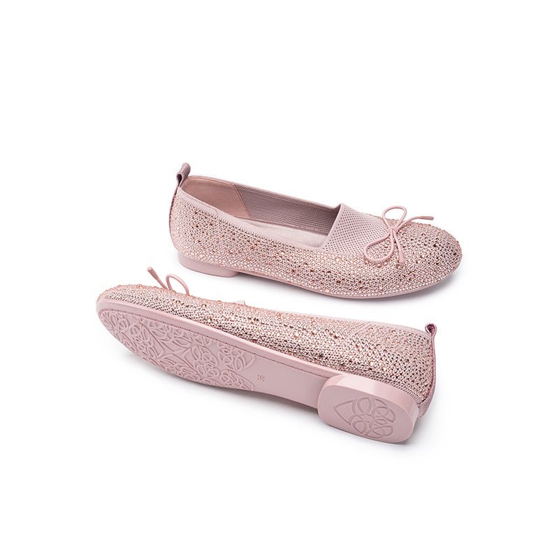 Rhinestone Bow Knit Round Toe Ballet Flats – Sparkling Princess Slip-Ons