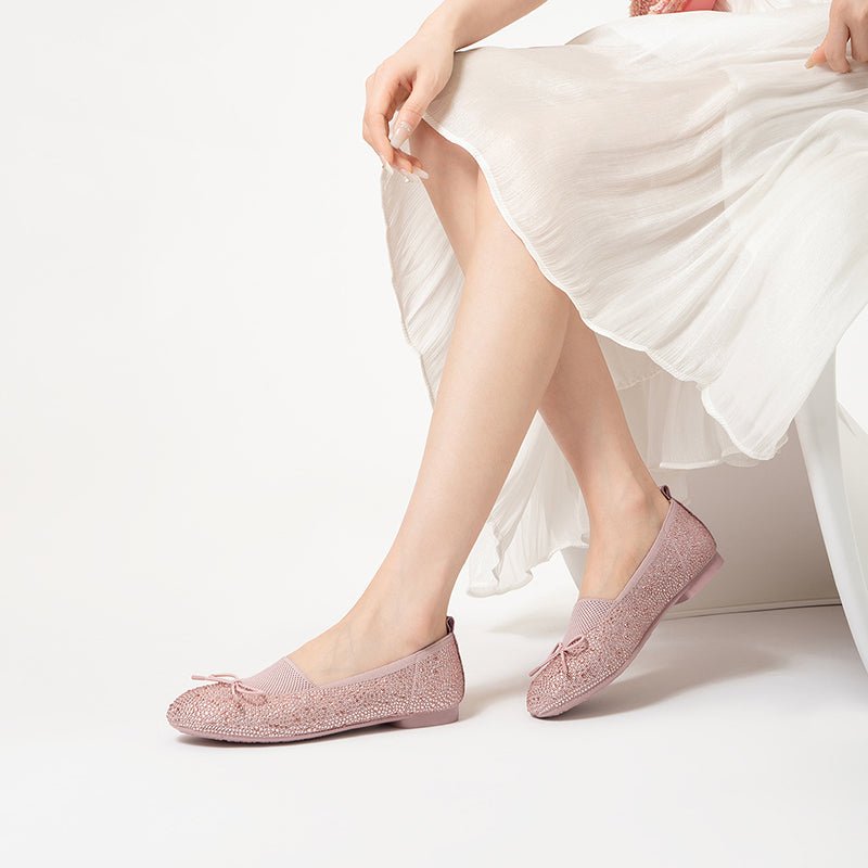 Rhinestone Bow Knit Round Toe Ballet Flats – Sparkling Princess Slip-Ons