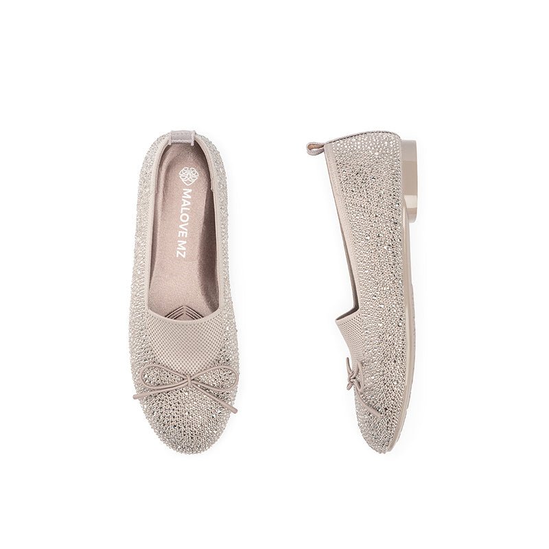 Rhinestone Bow Knit Round Toe Ballet Flats – Sparkling Princess Slip-Ons