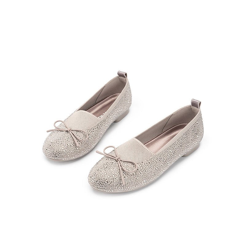 Rhinestone Bow Knit Round Toe Ballet Flats – Sparkling Princess Slip-Ons