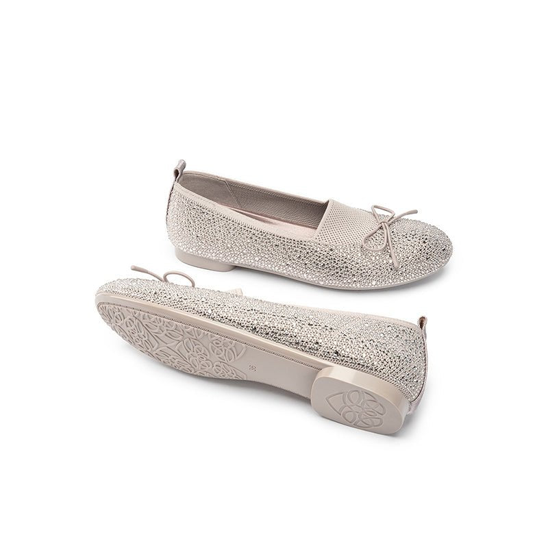 Rhinestone Bow Knit Round Toe Ballet Flats – Sparkling Princess Slip-Ons