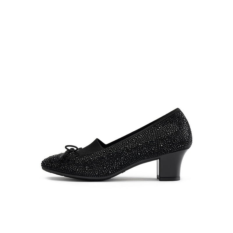 Rhinestone Bow Knit Round Toe Block Heel Pumps – Sparkling Princess Work Shoes