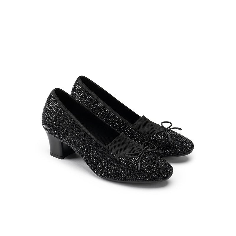 Rhinestone Bow Knit Round Toe Block Heel Pumps – Sparkling Princess Work Shoes