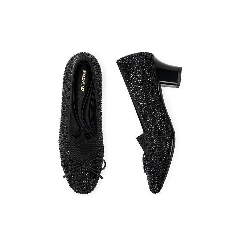 Rhinestone Bow Knit Round Toe Block Heel Pumps – Sparkling Princess Work Shoes