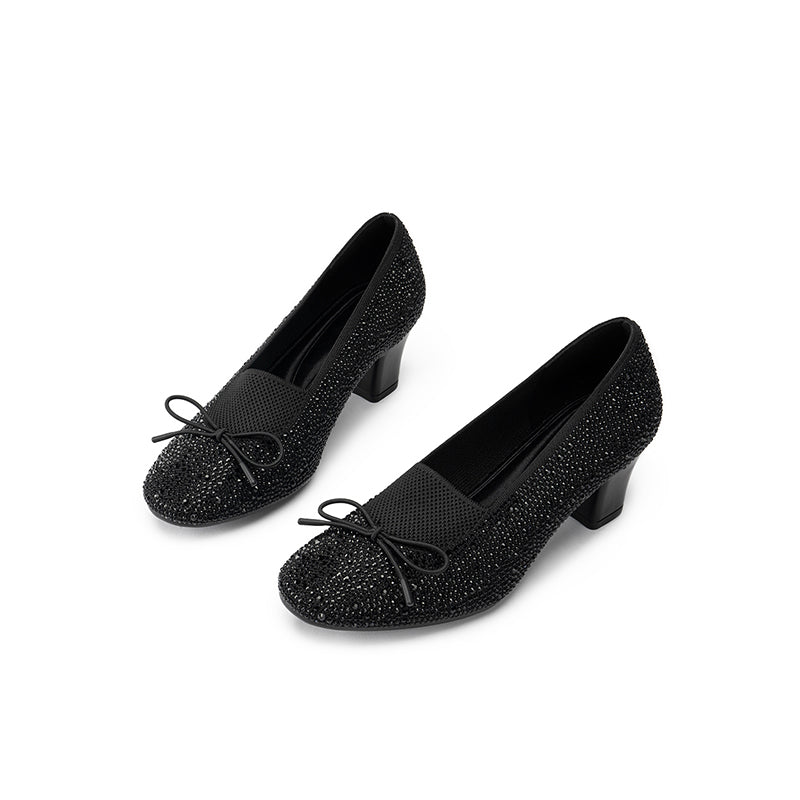 Rhinestone Bow Knit Round Toe Block Heel Pumps – Sparkling Princess Work Shoes