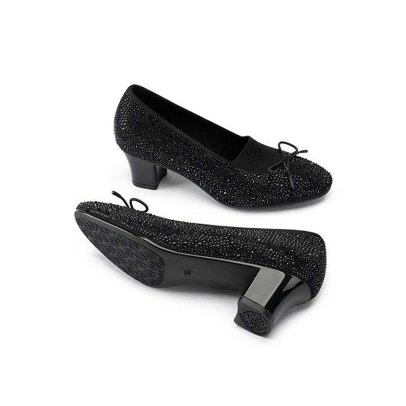 Rhinestone Bow Knit Round Toe Block Heel Pumps – Sparkling Princess Work Shoes