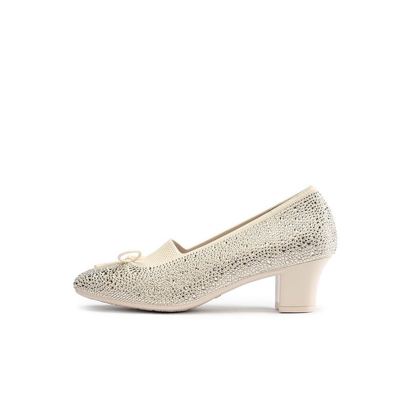 Rhinestone Bow Knit Round Toe Block Heel Pumps – Sparkling Princess Work Shoes