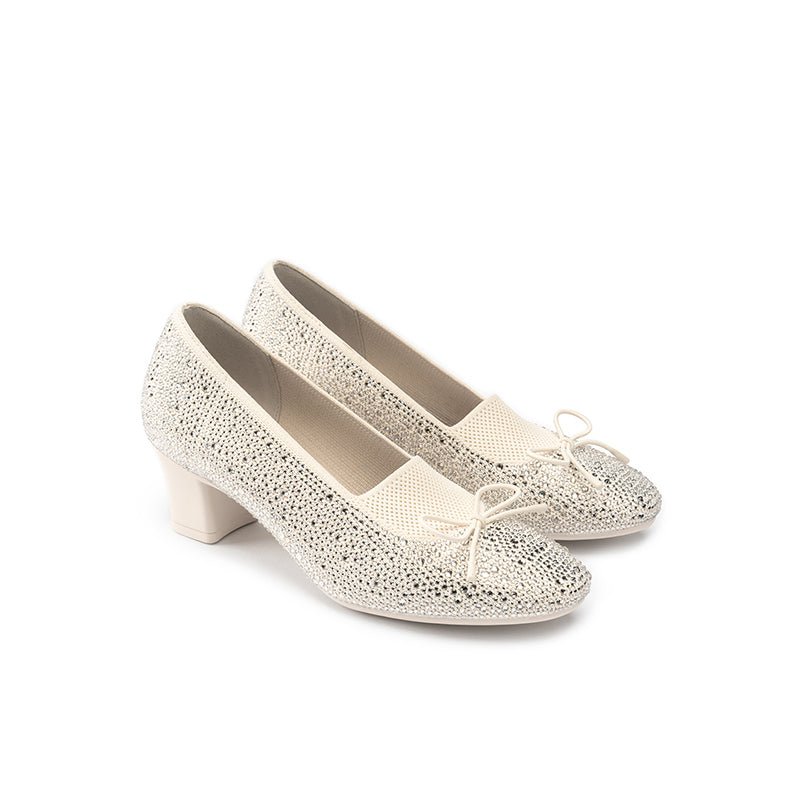 Rhinestone Bow Knit Round Toe Block Heel Pumps – Sparkling Princess Work Shoes