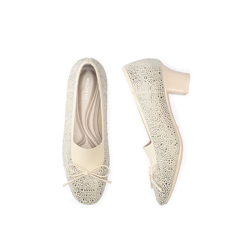 Rhinestone Bow Knit Round Toe Block Heel Pumps – Sparkling Princess Work Shoes