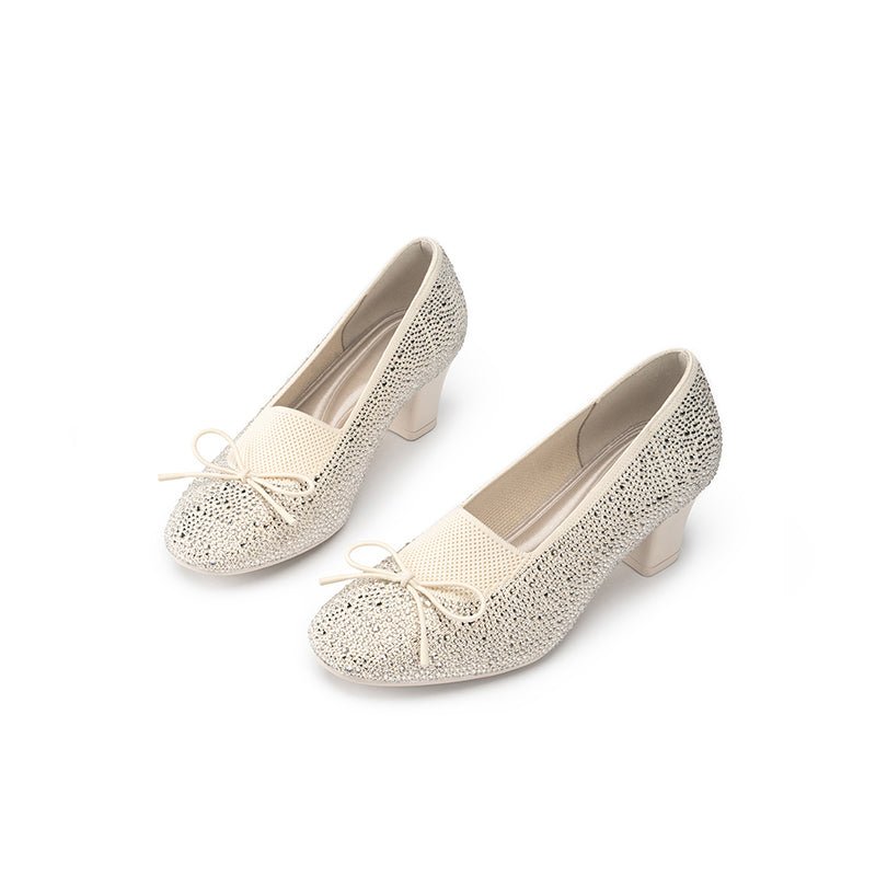 Rhinestone Bow Knit Round Toe Block Heel Pumps – Sparkling Princess Work Shoes