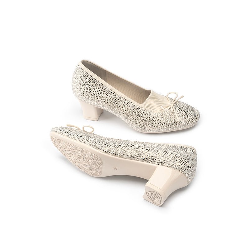 Rhinestone Bow Knit Round Toe Block Heel Pumps – Sparkling Princess Work Shoes