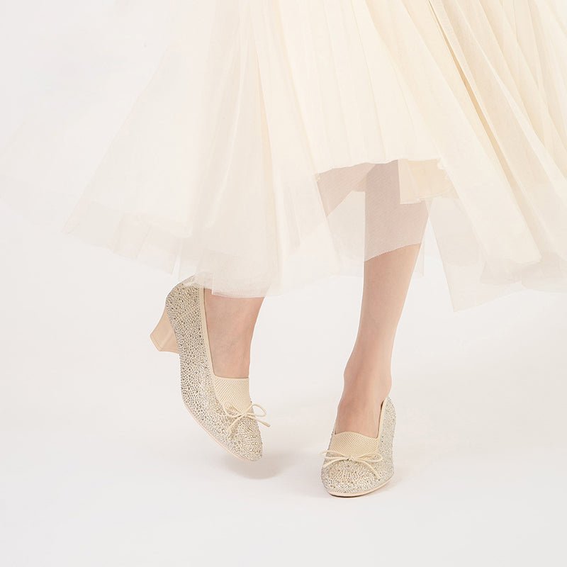 Rhinestone Bow Knit Round Toe Block Heel Pumps – Sparkling Princess Work Shoes