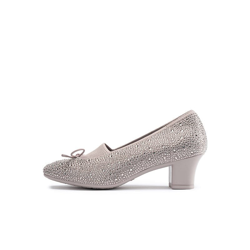 Rhinestone Bow Knit Round Toe Block Heel Pumps – Sparkling Princess Work Shoes