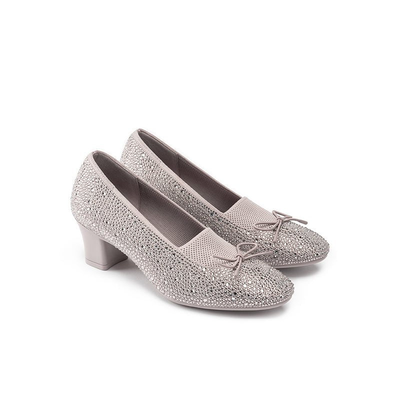 Rhinestone Bow Knit Round Toe Block Heel Pumps – Sparkling Princess Work Shoes