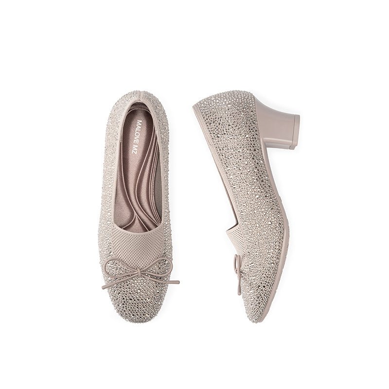 Rhinestone Bow Knit Round Toe Block Heel Pumps – Sparkling Princess Work Shoes