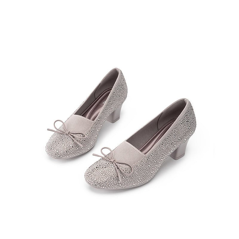 Rhinestone Bow Knit Round Toe Block Heel Pumps – Sparkling Princess Work Shoes