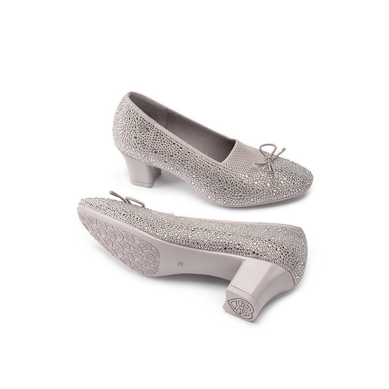 Rhinestone Bow Knit Round Toe Block Heel Pumps – Sparkling Princess Work Shoes