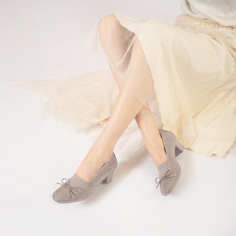 Rhinestone Bow Knit Round Toe Block Heel Pumps – Sparkling Princess Work Shoes