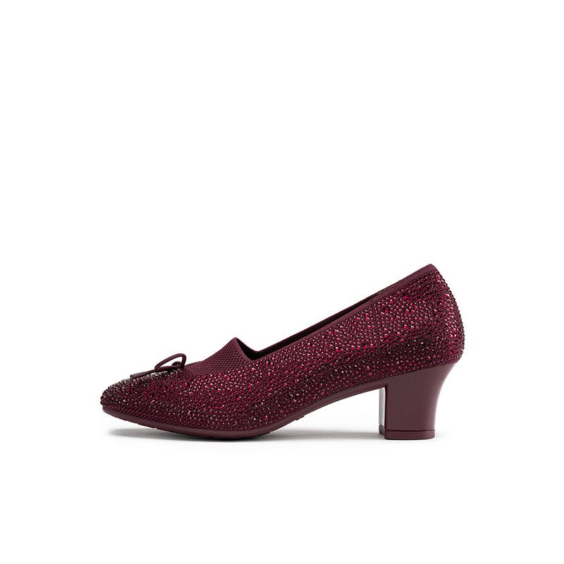 Rhinestone Bow Knit Round Toe Block Heel Pumps – Sparkling Princess Work Shoes