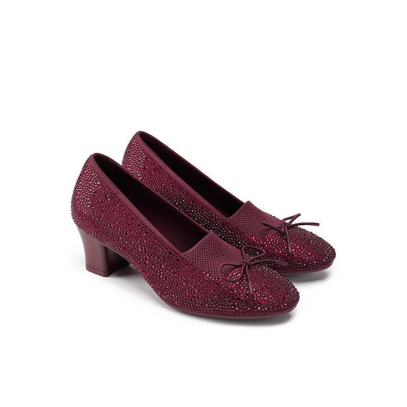 Rhinestone Bow Knit Round Toe Block Heel Pumps – Sparkling Princess Work Shoes