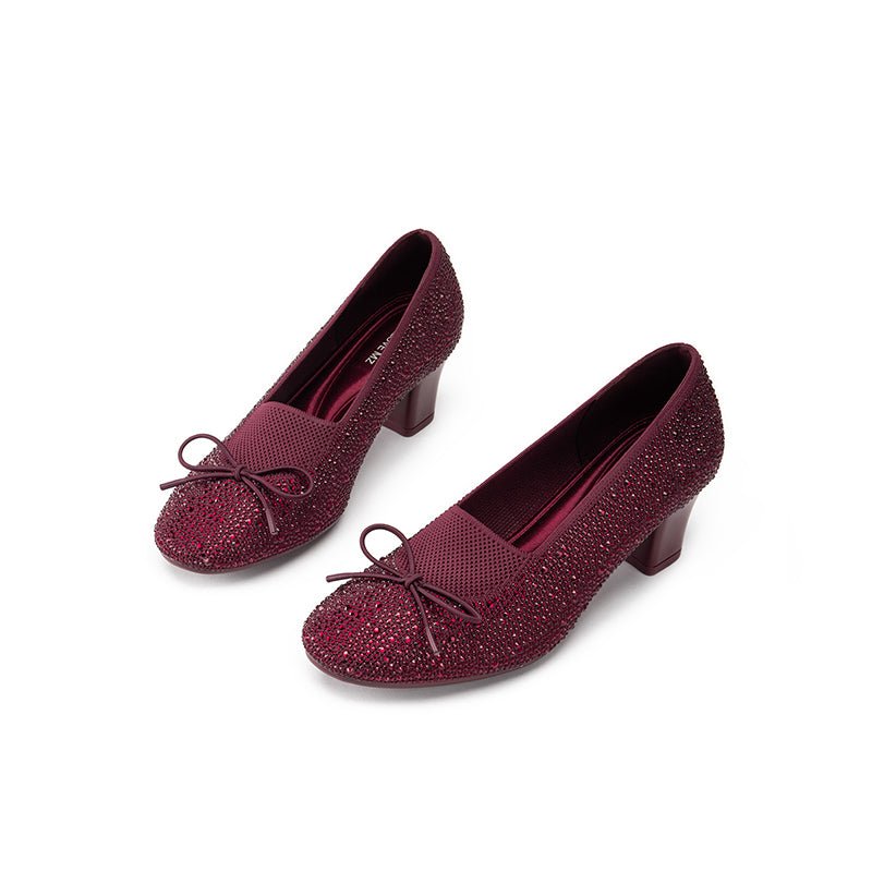 Rhinestone Bow Knit Round Toe Block Heel Pumps – Sparkling Princess Work Shoes