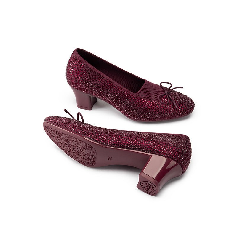 Rhinestone Bow Knit Round Toe Block Heel Pumps – Sparkling Princess Work Shoes
