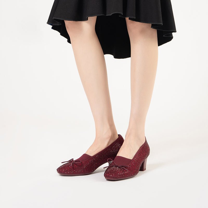 Rhinestone Bow Knit Round Toe Block Heel Pumps – Sparkling Princess Work Shoes