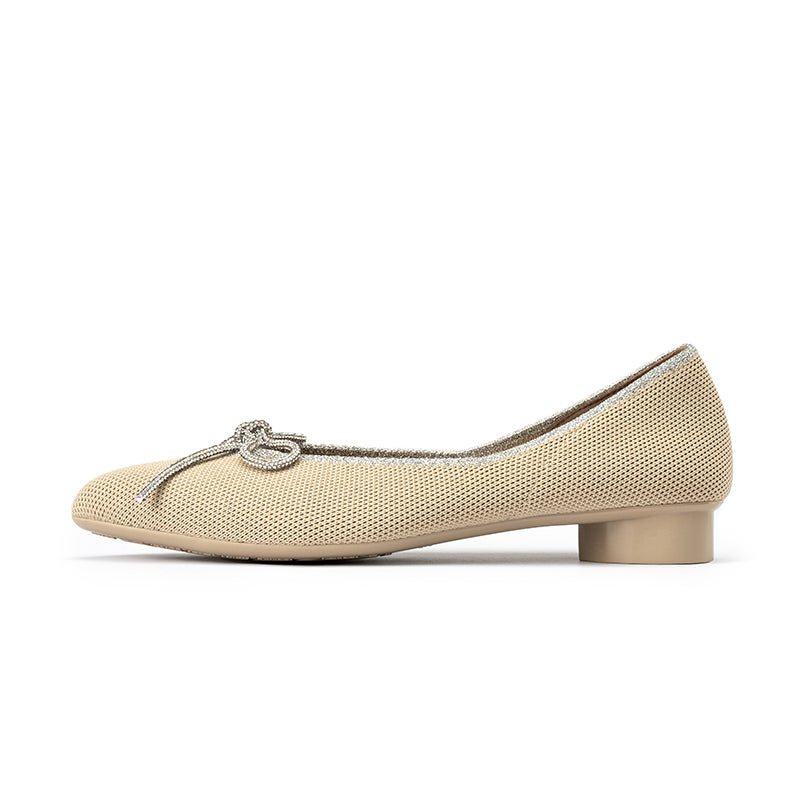 Rhinestone Bow Ballet Flats – Pointed Toe Knit Low Heel Shoes