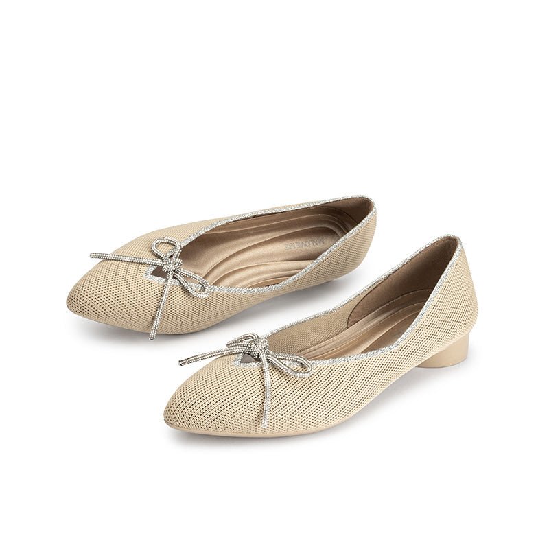 Rhinestone Bow Ballet Flats – Pointed Toe Knit Low Heel Shoes
