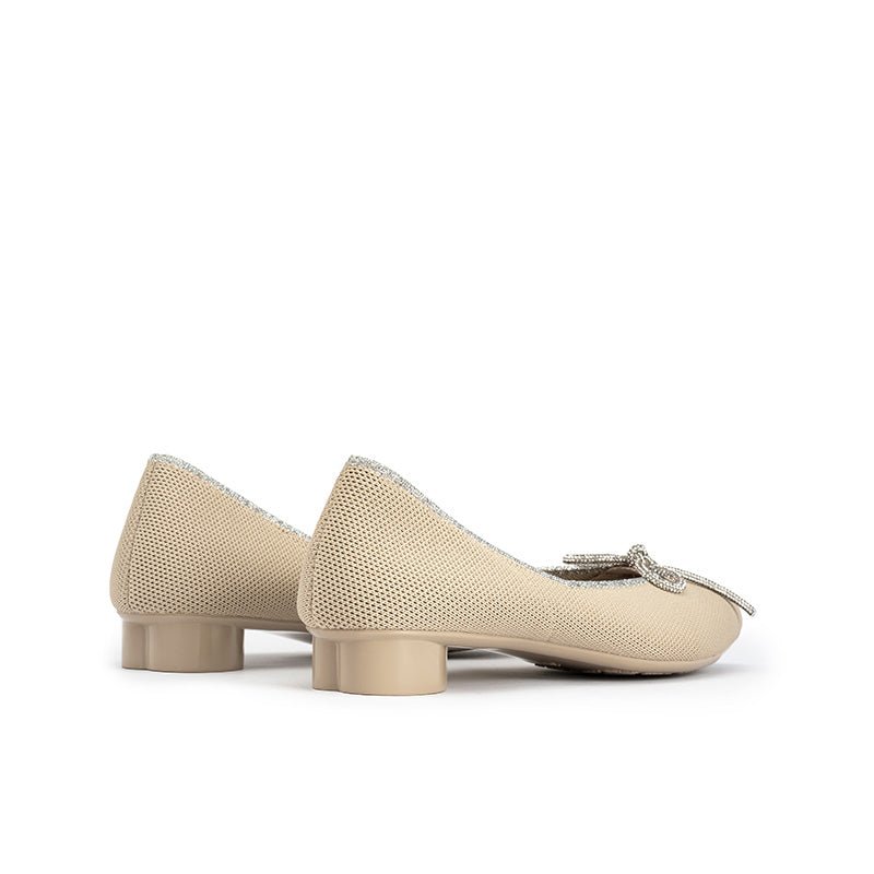 Rhinestone Bow Ballet Flats – Pointed Toe Knit Low Heel Shoes