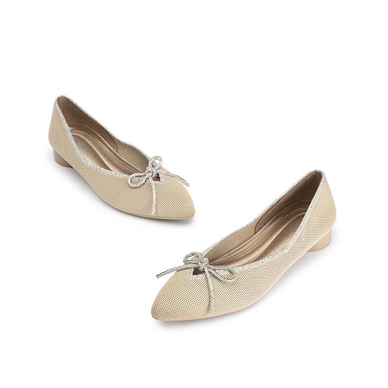 Rhinestone Bow Ballet Flats – Pointed Toe Knit Low Heel Shoes