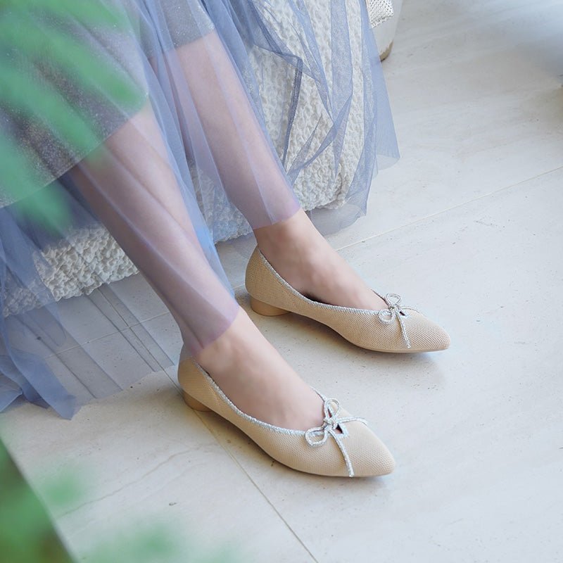 Rhinestone Bow Ballet Flats – Pointed Toe Knit Low Heel Shoes