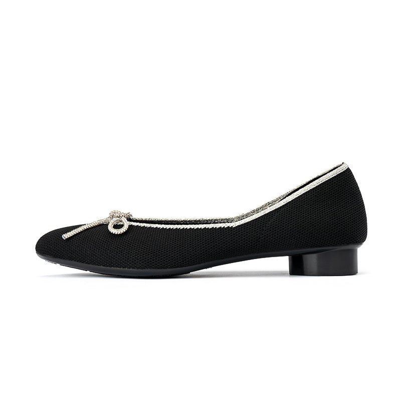 Rhinestone Bow Ballet Flats – Pointed Toe Knit Low Heel Shoes